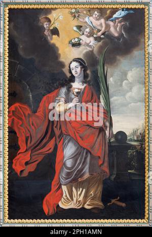 CHIAVENNA, ITALIE - 20 JUILLET 2022 : la peinture de Saint Barbara dans l'église Chiesa di Santa Maria par artiste inconnu (1662). Banque D'Images