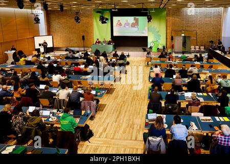 25 mars 2023, Schleswig-Holstein, Neumünster: Les participants de la conférence du parti d'Etat des Verts de Schleswig-Holstein s'assoient à l'hôtel de ville. Les Verts cherchent la deuxième place dans l'État pour les élections locales sur 14 mai 2023. À Neumünster, ils discutent du contenu de divers sujets, de la transition énergétique et de la mobilité aux demandes d'interdiction des pétards. Photo: Frank Molter/dpa Banque D'Images