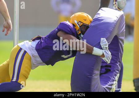 Bâton Rouge, LA, États-Unis. 25th mars 2023. Omar Speights (1) de LSU effectue des exercices d'attaque lors de l'entraînement de football du printemps au Tiger Stadium de Baton Rouge, EN LOUISIANE. Jonathan Mailhes/CSM/Alamy Live News Banque D'Images