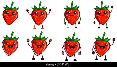 Adorable icône de fraise style kawaii, souriant. Version avec les mains levées, abaissés et en agitant Illustration de Vecteur