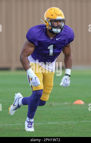 Bâton Rouge, LA, États-Unis. 25th mars 2023. Omar Speights de LSU (1) passe par un exercice d'entraînement de football du printemps au Tiger Stadium de Baton Rouge, EN LOUISIANE. Jonathan Mailhes/CSM/Alamy Live News Banque D'Images