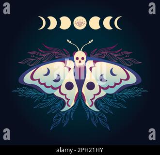 Illustration avec papillon avec phases de la lune. Papillon avec lune et feuilles. Banque D'Images