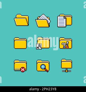 Ensemble d'icônes d'interface utilisateur Vector pixel art Retro Computer PC. répertoire système de fichiers dossier, document, outils, recherche, stockage réseau. actif d'icône 8 bits Illustration de Vecteur