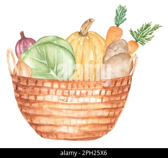 Aquarelle des légumes dans la boîte en bois illustration, légumes frais de jardin clipart. récolte de jardin clip art alimentaire, oignon, chou, carotte, citrouille a Banque D'Images