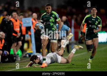 Brentford le samedi 25th mars 2023. Ben Loader of London Irish court lors du match de première division de Gallagher entre London Irish et Northampton Saints au Gtech Community Stadium, Brentford, le samedi 25th mars 2023. (Photo: Federico Guerra Maranesi | MI News) Credit: MI News & Sport /Alamy Live News Banque D'Images