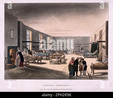 Hôpital Middlesex, intérieur d'une des salles femelles, gravure de couleur vintage de 1808 Banque D'Images