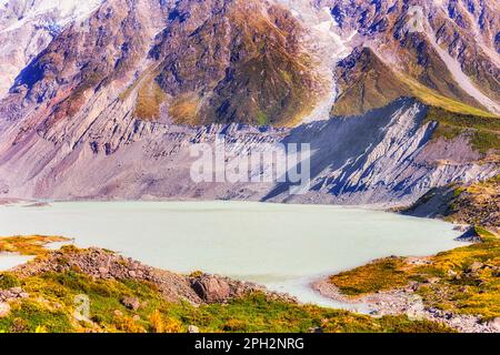 Piste de la vallée de Hooker dans les montagnes du Mont Cook en Nouvelle-Zélande - débit de la rivière tasman depuis le lac Mueller. Banque D'Images