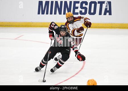Minnesota Gophers avance Jimmy Snuggerud (81) tente de ralentir St. Jack Peart, défenseur des Huskies de l'État du nuage (23) pendant le match de championnat du tournoi de hockey sur glace masculin de la région de l'Ouest de la NCAA, entre le St. Cloud State Huskies et l'Université du Minnesota Golden Gophers à la Scheels Arena de Fargo, Dakota du Nord, samedi, 25 mars 2023. Par Russell Hons/CSM Banque D'Images