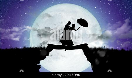 Silhouette de nuit paysage de couple ou d'amant dansant et chantant sur la montagne avec le fond de la voie lactée sur la pleine lune. Banque D'Images