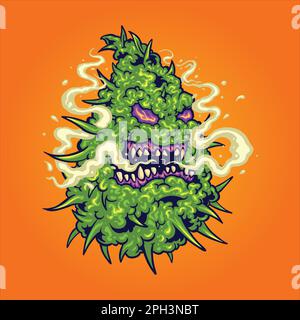 Monstre effrayant cannabis bud sativa feuille fumage weed logo dessins animés illustrations vecteur pour votre travail logo, t-shirt, autocollants et étiquette desi Illustration de Vecteur