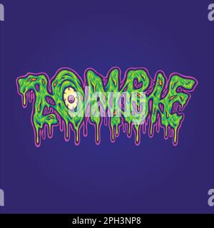 Effrayant zombie monstre yeux fondre mot lettrage texte dessins animés illustrations vecteur pour votre travail logo, t-shirt, autocollants et dessins d'étiquettes, Illustration de Vecteur