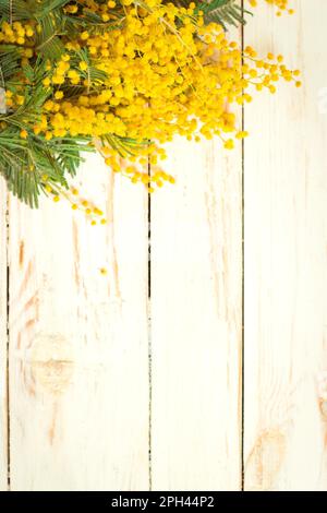 Bouquet de fleurs Mimosa sur fond de bois blanc rustique. Décoration chic et chic. Mise au point sélective. Espace pour le texte. Tons rétro vintage Banque D'Images
