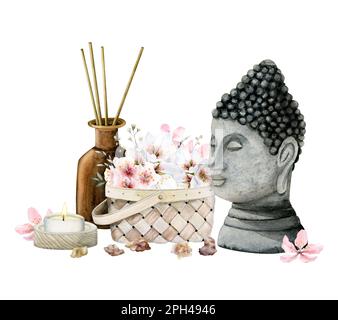 Aquarelle spa accessoires de relaxation, statue de Bouddha, bâtons d'arôme dans la bouteille avec bougie en feu et fleurs roses dans le panier, bien-être et beauté illus Banque D'Images