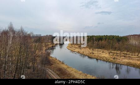 Rivière Widawka le jour du printemps, Pologne. Banque D'Images