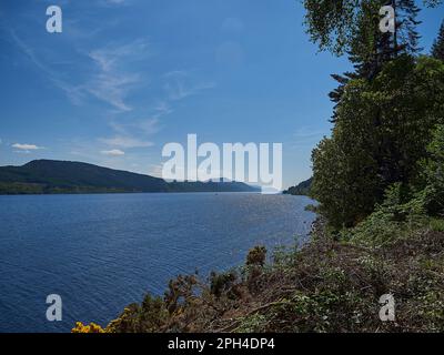 Rives du lac emblématique Loch Ness dans les montagnes écossaises, par une journée ensoleillée avec un ciel bleu clair. Banque D'Images