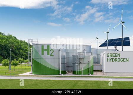 Concept d'usine d'hydrogène vert. Production d'hydrogène à partir de sources d'énergie renouvelables. Photo de haute qualité Banque D'Images