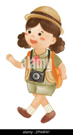 Fille scout avec caméra de marche de costume . Peinture aquarelle réaliste avec papier texturé . Dessin de personnage de dessin animé . Vecteur . Illustration de Vecteur