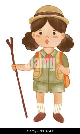 Fille scout avec costume de randonnée tenir scout stave . Peinture aquarelle réaliste avec papier texturé . Dessin de personnage de dessin animé . Vecteur . Illustration de Vecteur