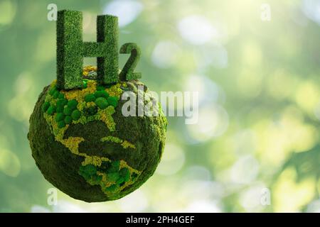 Symbole de l'hydrogène H2 de l'herbe et de la planète verte Terre de mos. Photo de haute qualité Banque D'Images