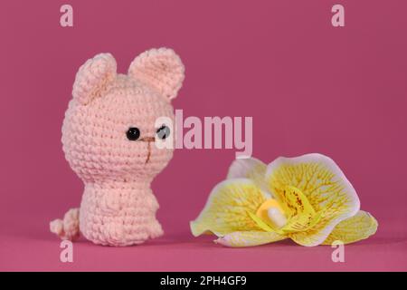 Amigurumi un petit chaton mignon assis sur fond rose à côté de la fleur d'orchidée jaune. Jouet bricolage doux en coton naturel et laine. Chat crocheté, Banque D'Images