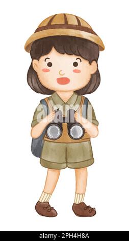 Fille de scout avec costume de randonnée regarder à travers des jumelles . Peinture aquarelle réaliste avec papier texturé . Dessin de personnage de dessin animé . Vecteur . Illustration de Vecteur