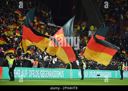 Mayence, Allemagne. 25th mars 2023. Grand-stand complet, fans, fans de football avec l'Allemagne drapeaux, drapeaux football Laenderspiel Allemagne (GER) - Pérou 2-0, on 25 mars 2023, MEWA Arena Mayence? Credit: dpa/Alay Live News Banque D'Images