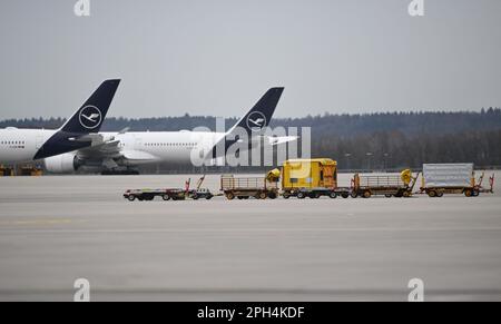 Munich, Allemagne. 26th mars 2023. Des chariots à bagages vides se trouvent sur le tarmac à l'aéroport de Munich. L'aéroport de Munich est déjà en grève un jour avant la grande grève d'avertissement qui paralysera de grandes parties des transports en commun lundi prochain. Les services ferroviaires interurbains, les aéroports, les bus et les trains dans sept États allemands sont touchés. Credit: Angelika Warmuth/dpa/Alamy Live News Banque D'Images