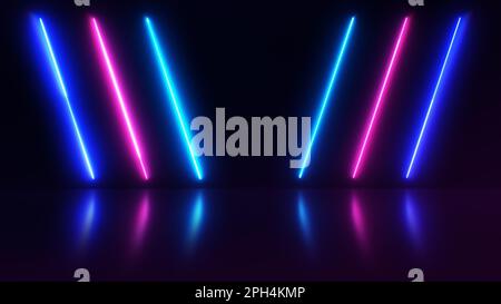 Arrière-plan abstrait au néon avec faisceaux de lumière colorés, animation laser lumineuse et sol réfléchissant. Lumières à DEL. Banque D'Images