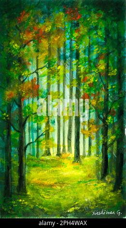 La forêt enchantée. Peinture acrylique. Matin Forêt paysage peinture acrylique. Arbres dans la forêt. Œuvres d'art. Banque D'Images