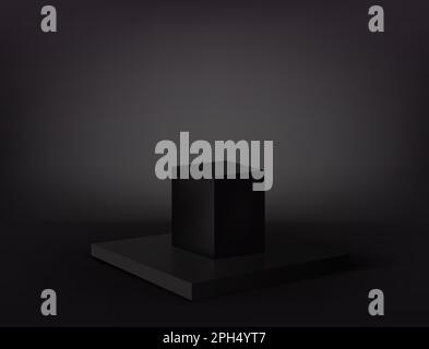 Podium rectangulaire noir avec support cube noir. Une étape d'affichage ou de promotion des produits. 3d rendu vectoriel. Illustration de Vecteur