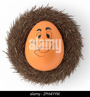 Ferme brun oeuf peint avec des expressions et visage drôle dans nid d'oiseau isolé sur fond blanc. 3D rendu des oeufs de Pâques modèle de conception pour la Grétine Banque D'Images