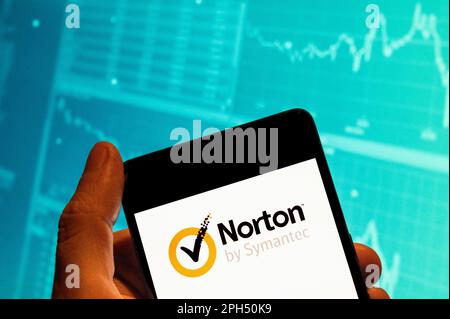 Chine. 15th févr. 2023. Dans cette illustration, le logiciel de cybersécurité et anti-virus malveillant développé par Symantec Corporation, le logo Norton anti-virus affiché sur un smartphone avec un graphique d'indice boursier économique en arrière-plan. (Credit image: © Budrul Chukrut/SOPA Images via ZUMA Press Wire) USAGE ÉDITORIAL SEULEMENT! Non destiné À un usage commercial ! Banque D'Images