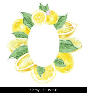 Cadre aquarelle de citrons, fleurs et feuilles peint à la main dans le style botanique, pour les vacances, les mariages et la conception de nourriture. Arrière-plan fruits tropicaux Banque D'Images