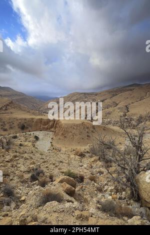 La vallée de la rivière sèche de Wadi Feid, Jabal a fait, région d'Al-Shalat en Jordanie, Moyen-Orient Banque D'Images