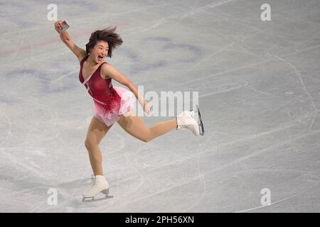 Saitama, Japon. 26th mars 2023. Sakamoto Kaori, du Japon, réagit lors de l'exposition de gala des Championnats de patinage artistique Wrold de l'UIP qui se tiennent au Saitama Super Arena de Saitama, au Japon, en 26 mars 2023. Crédit: Pablo Morano/Xinhua/Alay Live News Banque D'Images