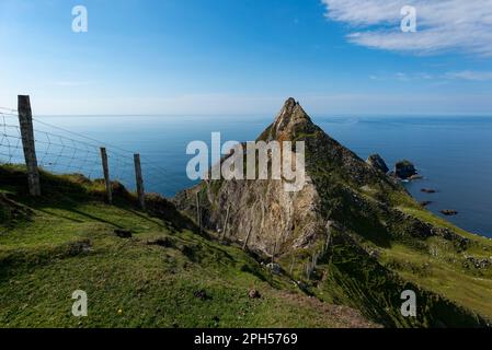 Clôture et sentier sur la crête d'un promontoire rocheux sur les falaises de Glencolummkille, comté de Donegal, Irlande Banque D'Images