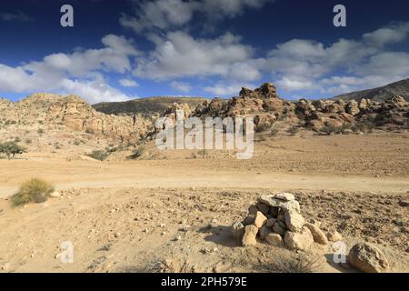 Le paysage de la vallée de Shkaret Mseid, Wadi Musa, centre-sud de la Jordanie, Moyen-Orient Banque D'Images