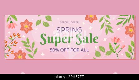 Fleurs roses, feuilles vertes baies encadrement, arrière-plan doux. Bannière horizontale Super sale du printemps, promotion saisonnière, remise. Atmosphère chaleureuse et accueillante, évoquant la beauté, la fraîcheur du printemps. Illustration de Vecteur