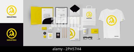 Logo jaune industriel et identité d'entreprise dans un style minimaliste avec dossier, carte de visite et enveloppe. Pack de conception de marque d'entreprise Illustration de Vecteur