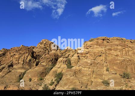 Le paysage de la vallée de Shkaret Mseid, Wadi Musa, centre-sud de la Jordanie, Moyen-Orient Banque D'Images