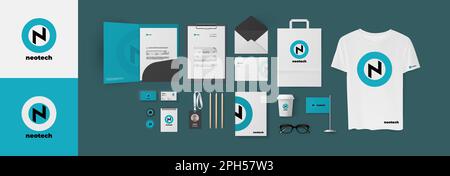 Modèle de rangement de papeterie de couleur bleue avec logo circulaire N lettre, pack de marquage d'entreprise. Kit de démarrage complet avec dossier et cartes de visite, enveloppe Illustration de Vecteur