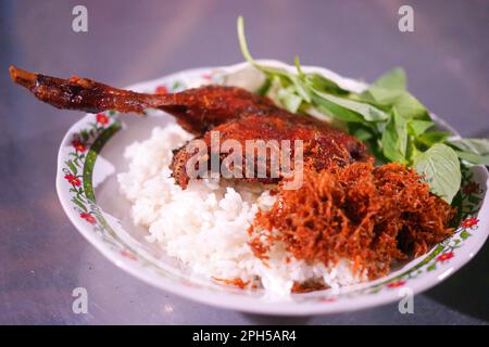 Nasi Bebek Madura ou Spicy Fried Mamuranese Black Duck with Rice, Selected Focus Banque D'Images