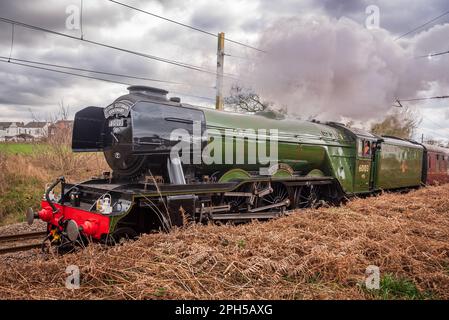 La locomotive à vapeur Flying Scotsman à l'occasion de son centenaire se dirige vers le Musée national des chemins de fer de York lors d'une visite dans le Lancashire et le Yorkshire. Banque D'Images