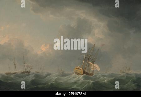 Navires anglais courant avant un Gale avant 1759 par Charles Brooking Banque D'Images