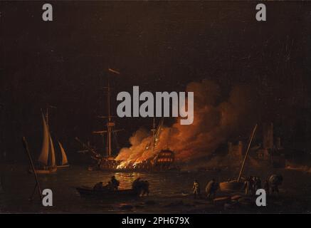 Navire en feu la nuit vers 1756 par Charles Brooking Banque D'Images