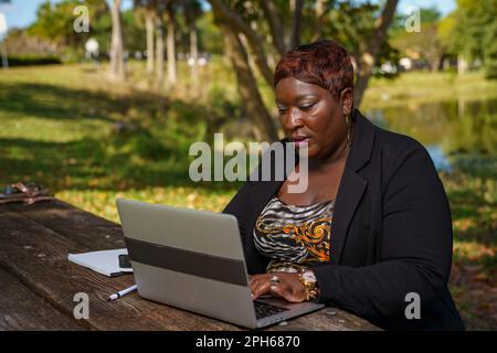 PDG femme d'affaires tapant sur son ordinateur portable tout en travaillant à distance du parc Banque D'Images