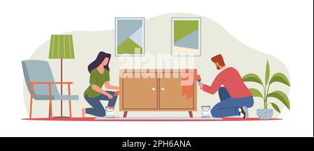 Le placard de peinture de couple marié, homme et femme sont en train de rénover et de réparer les meubles. Déménagement dans un nouvel appartement. Ambiance familiale chaleureuse. Dessin animé Illustration de Vecteur