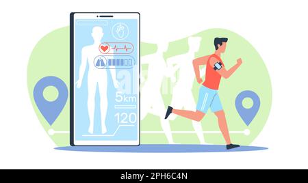 Un athlète sportif de sexe masculin court à l'aide d'une application sur un téléphone portable moderne. Application d'entraînement pour smartphone. Homme avec capteur d'impulsions. Style de dessin animé plat isolé illu Illustration de Vecteur