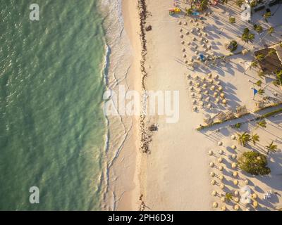 Plage tropicale. Vue de dessus. Mer émeraude claire, rive de sable blanc. Il y a plein de parasols de plage, de transats, de bateaux, de plantes tropicales. Resort Elite, com Banque D'Images