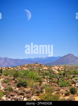 Lune dans le désert au-dessus du désert et des montagnes du sud-ouest des États-Unis Banque D'Images